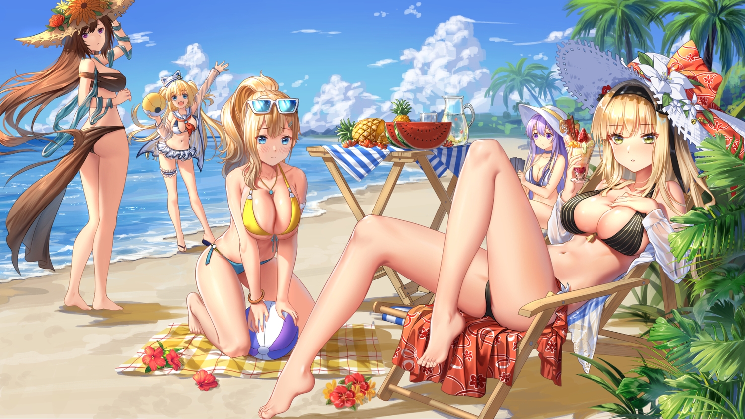 ball, bikini, blonde_hair, blue_eyes, breast_hold, breasts, brown_hair, cleavage, final_gear, food, fruit, group, haneru, kujou_aya, long_hair, margaret_(final_gear), purple_eyes, purple_hair, sunglasses, swimsuit, tagme_(character), taysia_graft, watermelon, wristwear, yellow_eyes