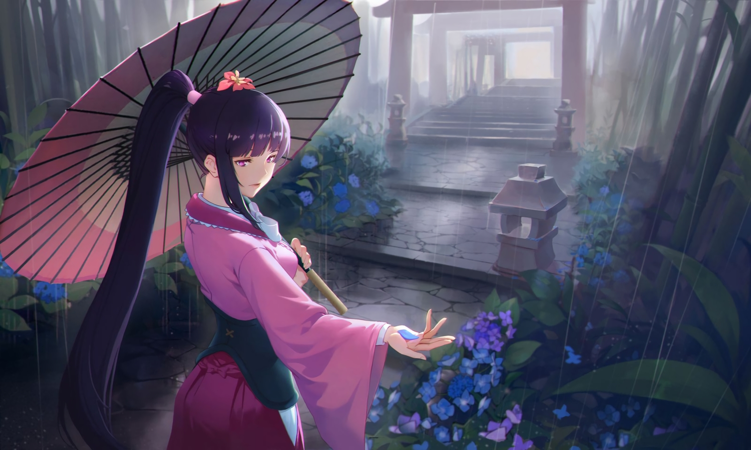 corset, flowers, japanese_clothes, koutetsujou_no_kabaneri, long_hair, nfb-zmc, ponytail, rain, stairs, torii, umbrella, water, yomogawa_ayame
