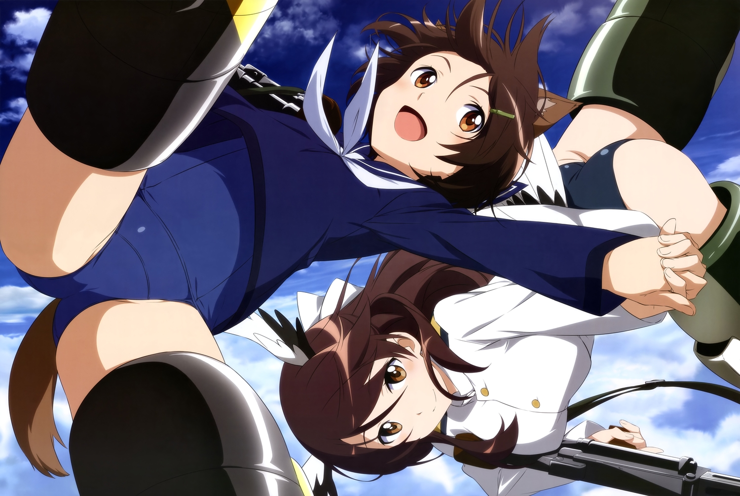 2girls, animal_ears, ass, brave_witches, brown_eyes, brown_hair, gun, karibuchi_hikari