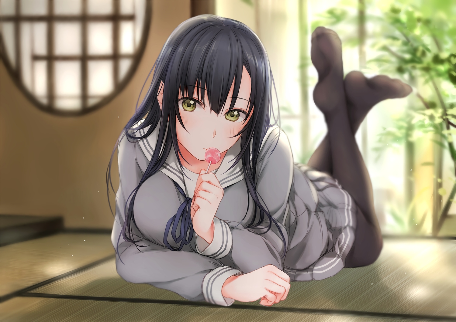 black_hair, blush, candy, green_eyes, kirisawa_saki, lollipop, long_hair, original, pantyhose, school_uniform, skirt
