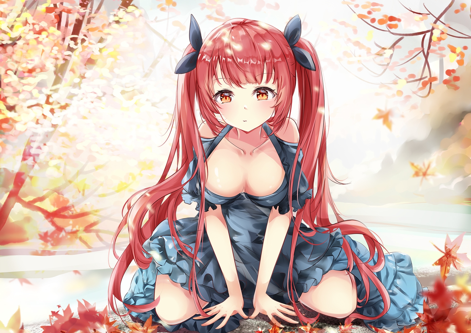 anthropomorphism, autumn, azur_lane, breasts, cleavage, dress, honolulu_(azur_lane), leaves, long_hair, mutang, red_eyes, red_hair, twintails