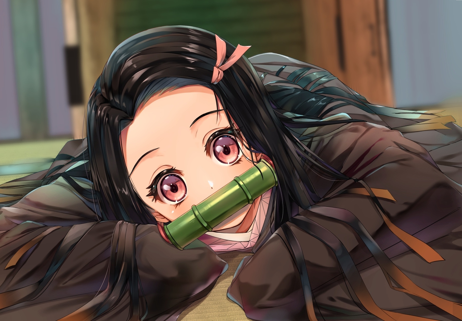 black_hair, close, gag, japanese_clothes, kamado_nezuko, kimetsu_no_yaiba, kimono, kurokuro_illust, loli, long_hair, pink_eyes