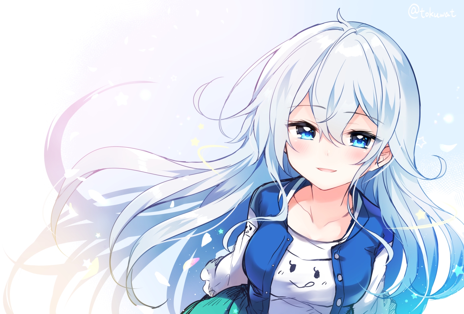 aqua_eyes, blue_hair, blush, fukunoki_tokuwa, gradient, long_hair, nijisanji, signed