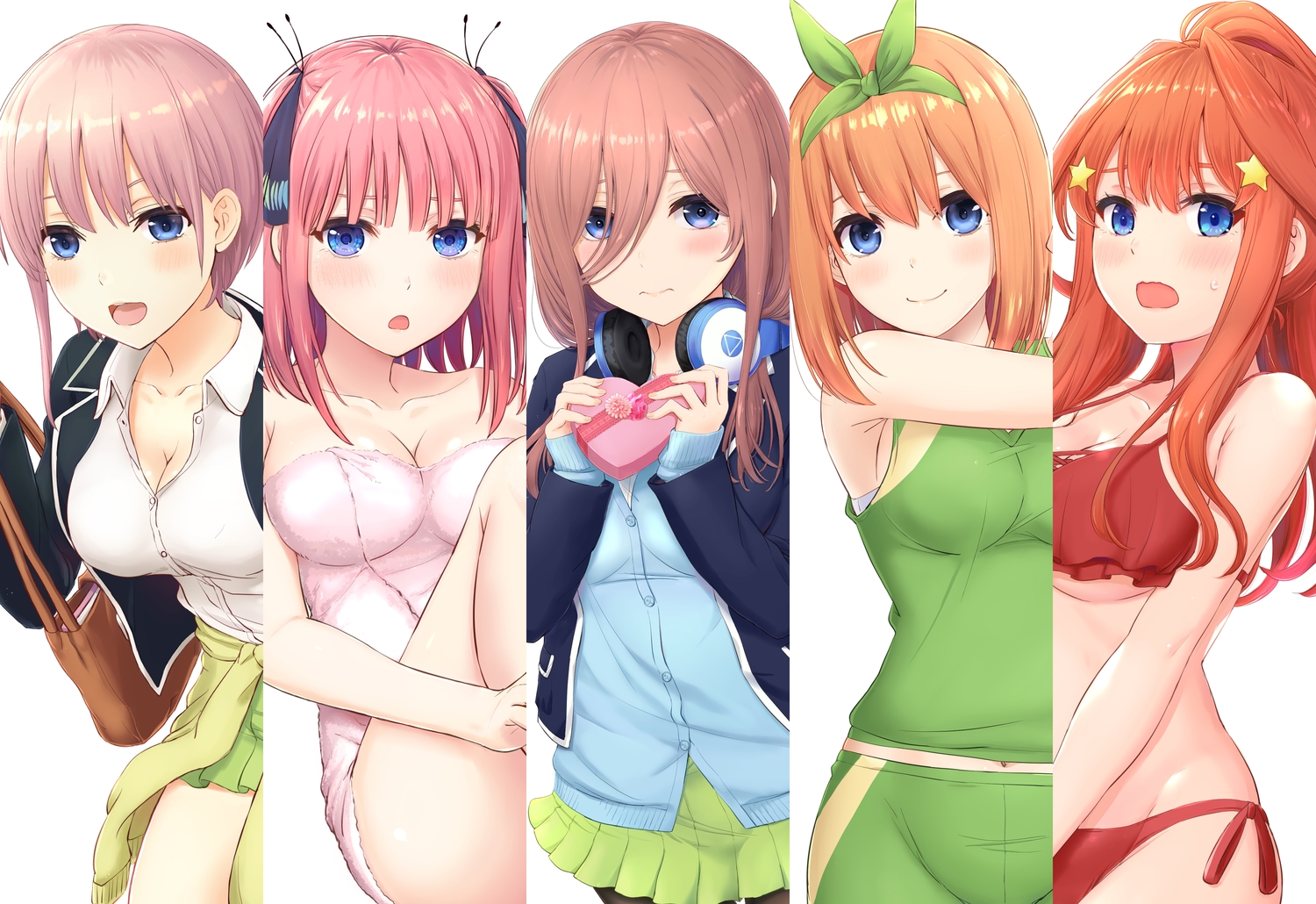 bikini, blue_eyes, blush, breasts, cleavage, go-toubun_no_hanayome, headband, headphones
