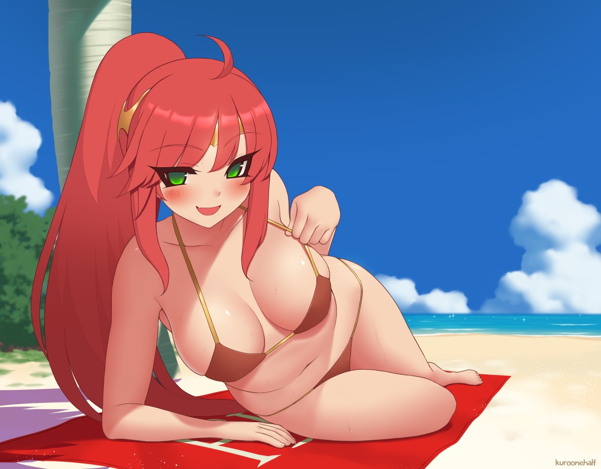 bikini, blush, breasts, clouds, fang, green_eyes, kuroonehalf, long_hair
