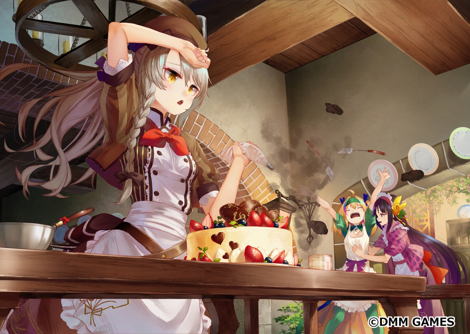 anthropomorphism, apron, braids, cake, flower_knight_girl, food, fruit, komugi_(flower_knight_girl), saraki, strawberry, tagme_(character), waifu2x