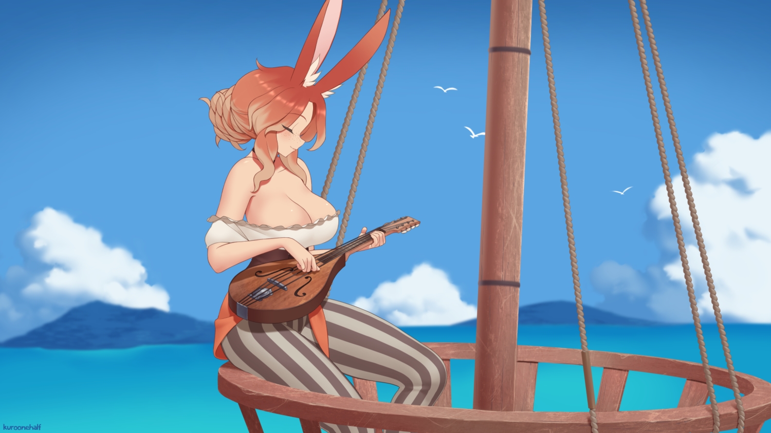 animal_ears, breasts, brown_hair, bunny_ears, bunnygirl, cleavage, clouds, final_fantasy