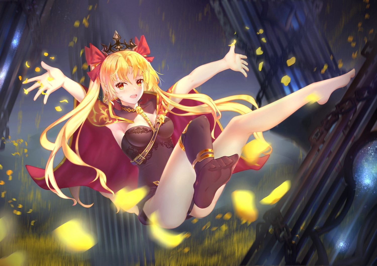 barefoot, blonde_hair, blush, cage, cape, ereshkigal_(fate/grand_order), fate/grand_order, fate_(series)