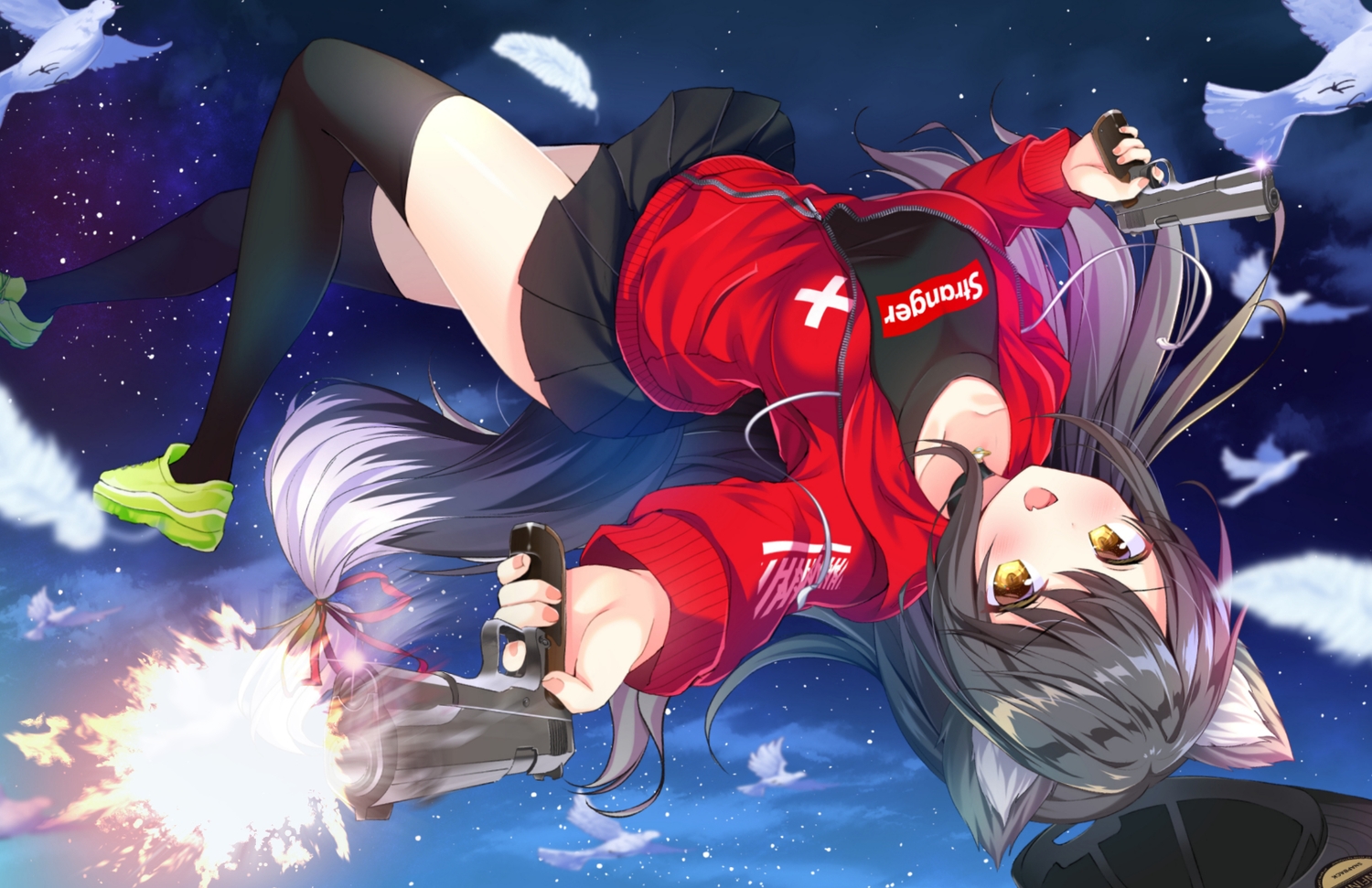 animal, animal_ears, arisa_(kirakira_monstars), bird, black_hair, blush, clouds, fang
