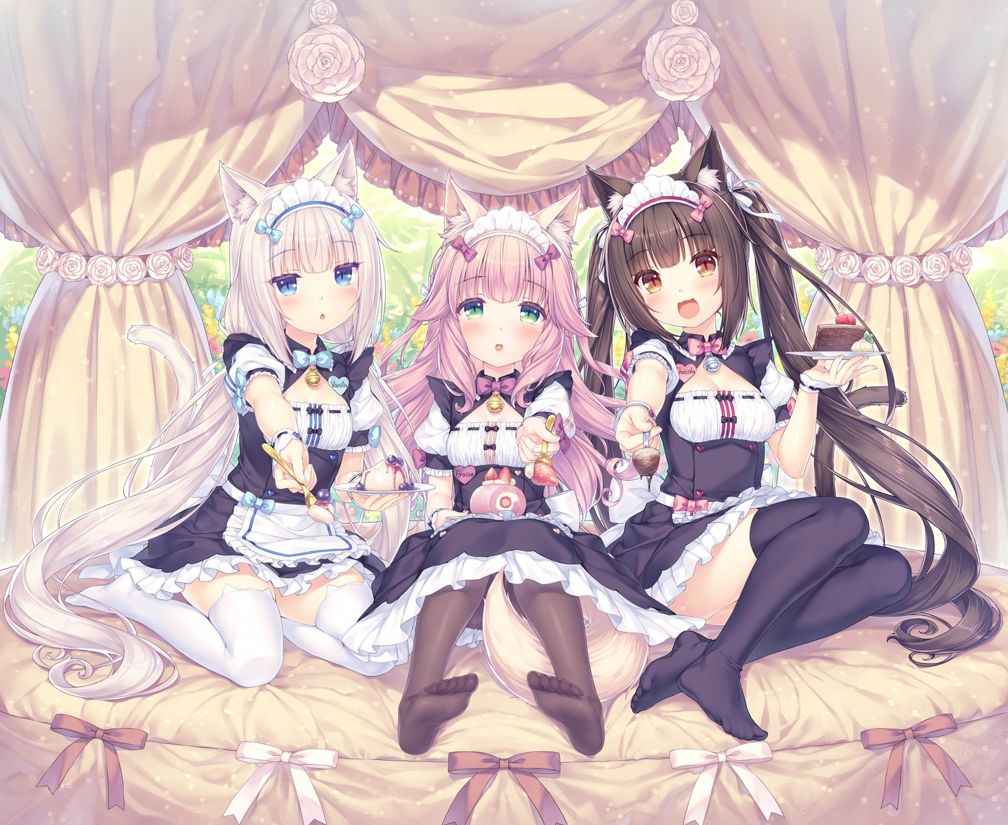 animal_ears, blue_eyes, brown_eyes, brown_hair, cake, catgirl, cat_smile, chocola_(sayori), flat_chest, flowers, food, fraise_(sayori), green_eyes, long_hair, maid, nekopara, pink_hair, ribbons, sayori, tail, thighhighs, twintails, vanilla_(sayori), waitress, white_hair