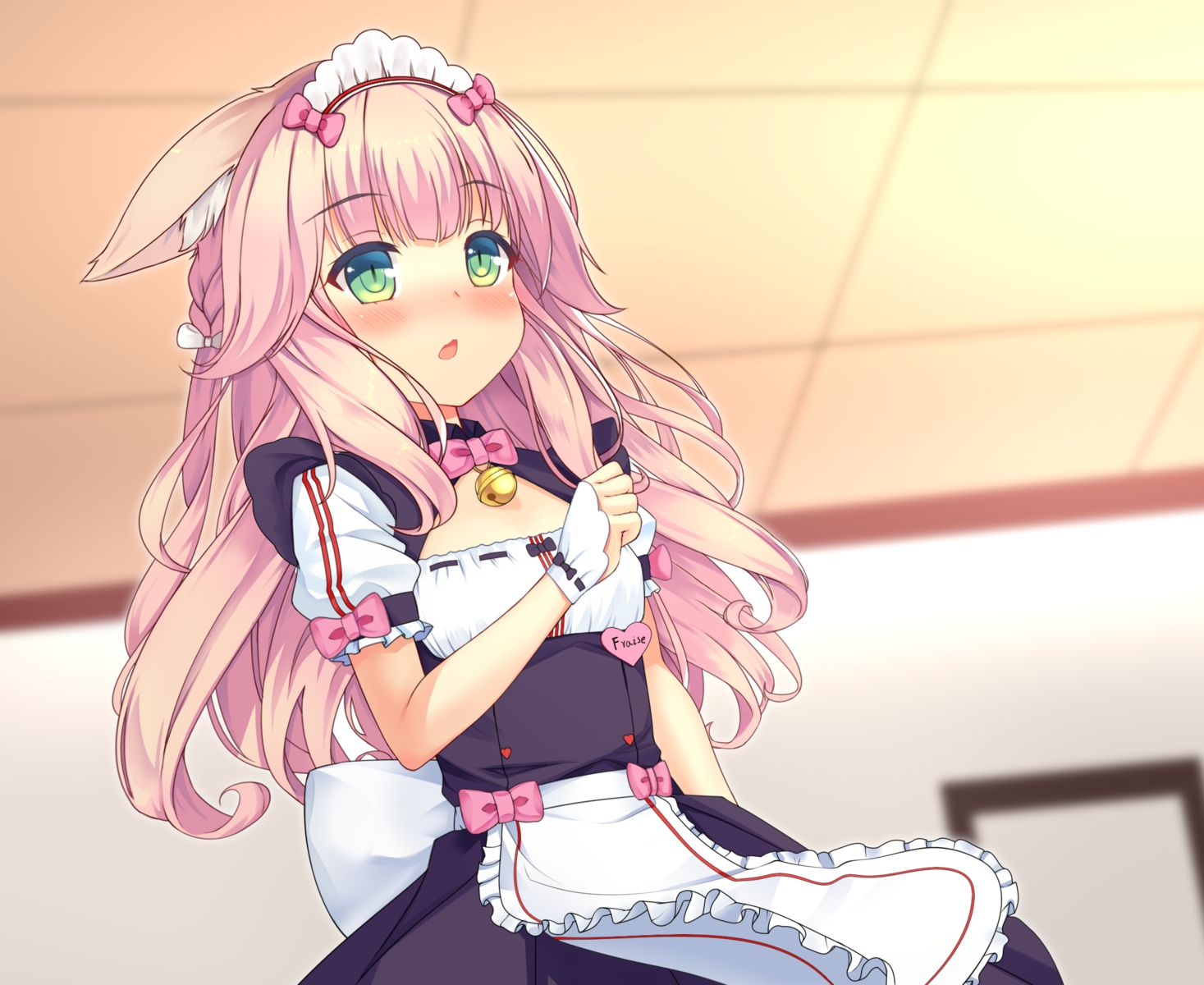animal_ears, apron, bell, blush, braids, catgirl, cat_smile, flat_chest, fraise_(sayori), green_eyes, headdress, long_hair, maid, nekopara, pink_hair, tagme_(artist), waitress, wristwear