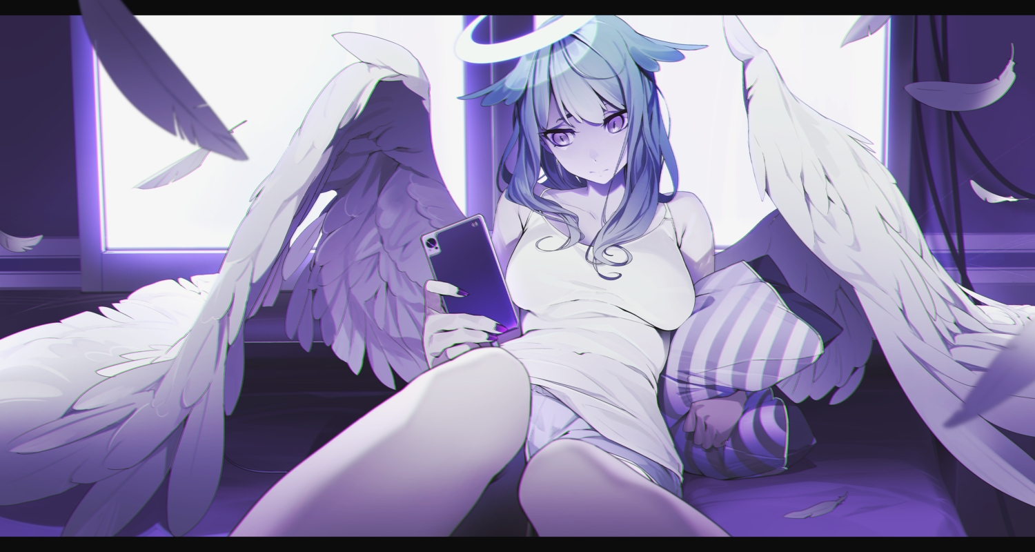 aliasing, angel, blue_hair, feathers, halo, kamameshi_gougoumaru, long_hair, original