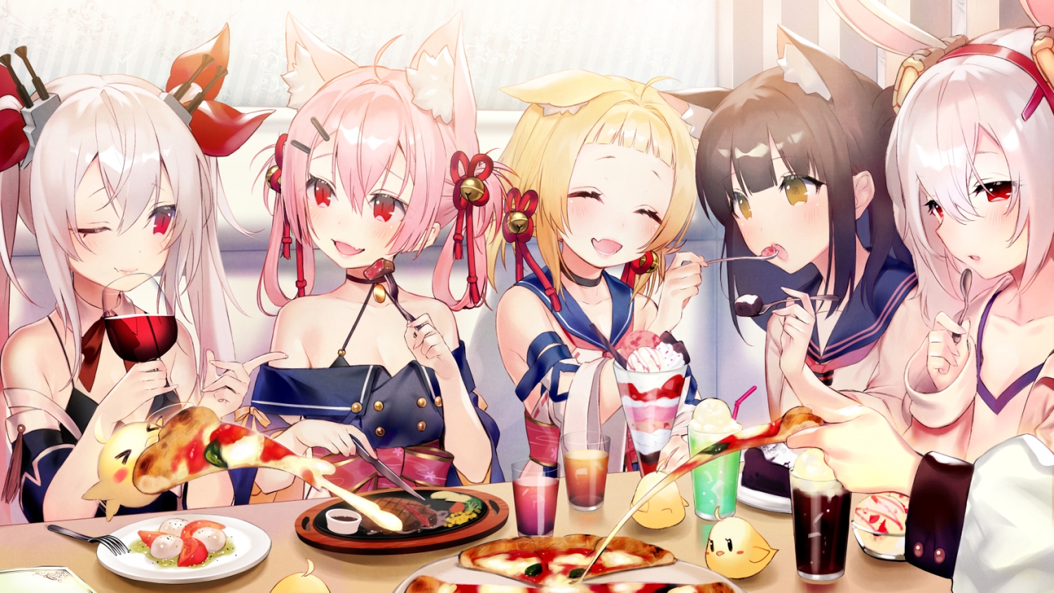 animal, animal_ears, anthropomorphism, ariake_(azur_lane), azur_lane, bird, blonde_hair, brown_hair, bunny_ears, bunnygirl, catgirl, food, group, hatsushimo_(azur_lane), ice_cream, laffey_(azur_lane), long_hair, manjuu_(azur_lane), orange_eyes, pink_hair, pizza, red_eyes, ribbons, school_uniform, shirako_sei, shirt, short_hair, twintails, vampire_(azur_lane), waifu2x, white_hair, yuugure_(azur_lane)