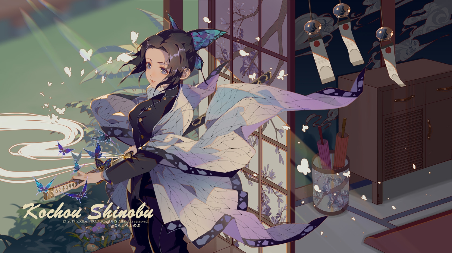 black_hair, blue_eyes, butterfly, flowers, japanese_clothes, jpeg_artifacts, katana, kimetsu_no_yaiba, kochou_shinobu, short_hair, sword, uniform, watermark, weapon, zxllor