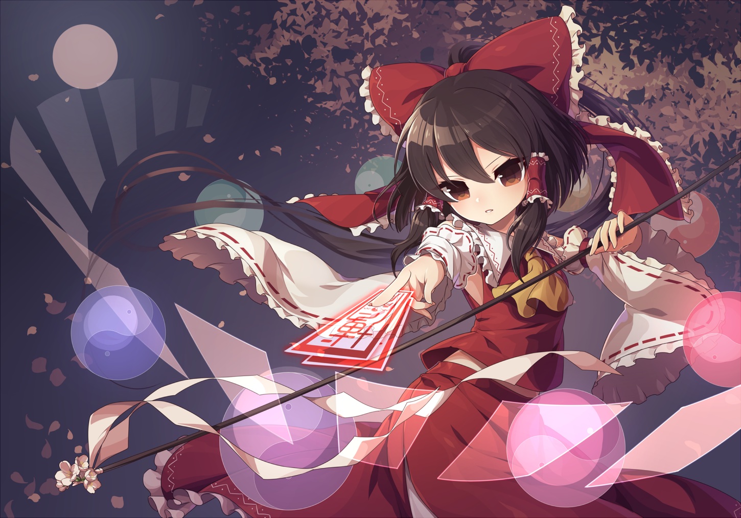 brown_hair, hakurei_reimu, japanese_clothes, kozakura_(dictionary), miko, ofuda, red_eyes, staff, touhou