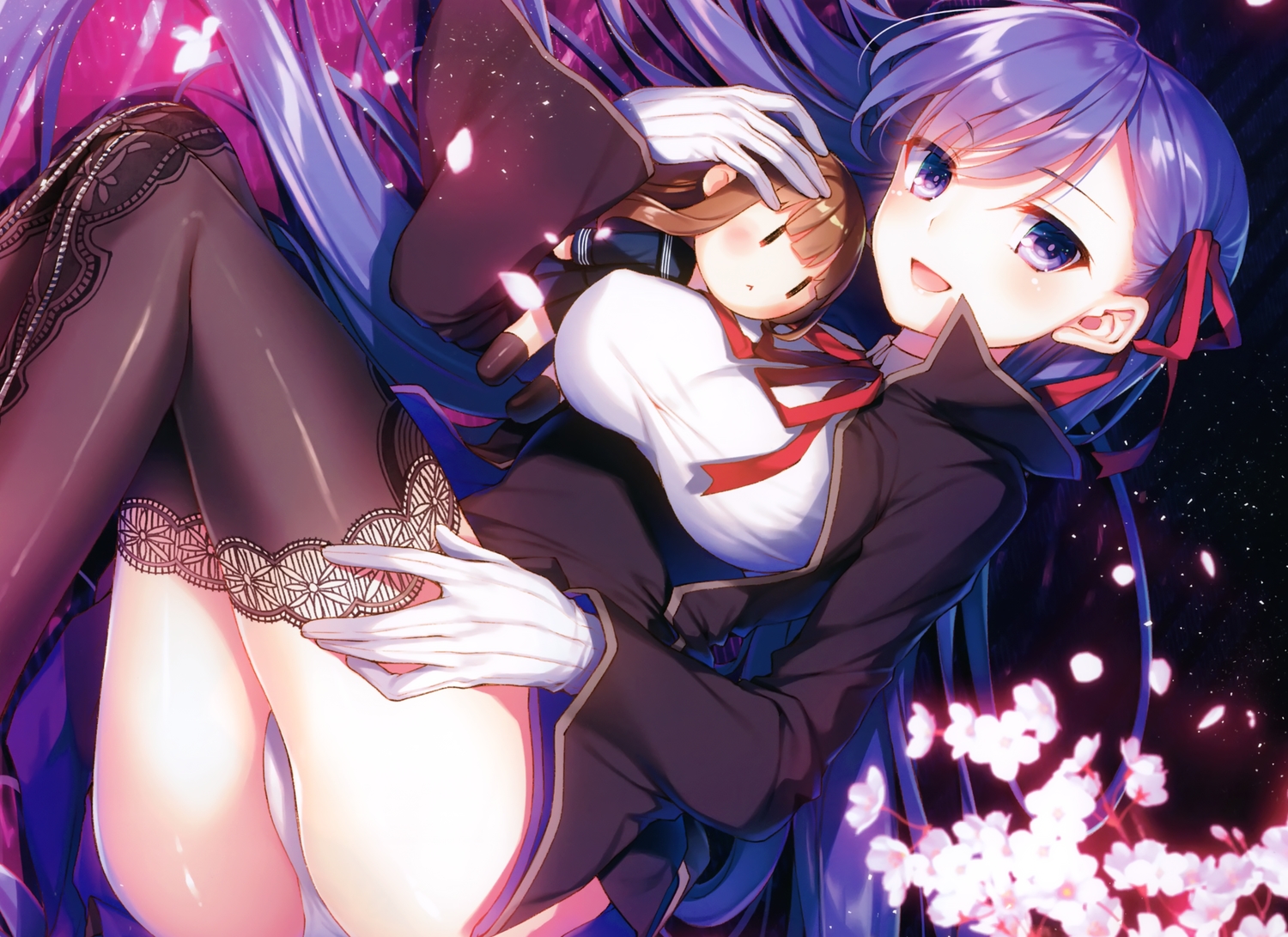bb_(fate), breasts, cropped, doll, fate/extra, fate/grand_order, fate_(series), flowers, gloves, kishinami_hakuno, long_hair, panties, purple_eyes, purple_hair, scan, thighhighs, toosaka_asagi, underwear
