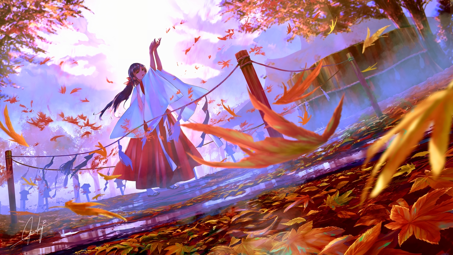 autumn, blue_hair, goroku, japanese_clothes, landscape, leaves, long_hair, miko