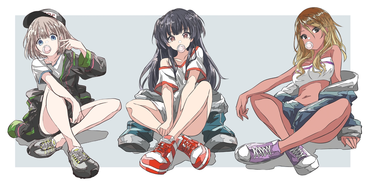 black_eyes, black_hair, blonde_hair, blue_eyes, brown_eyes, candy, dark_skin, gray_hair