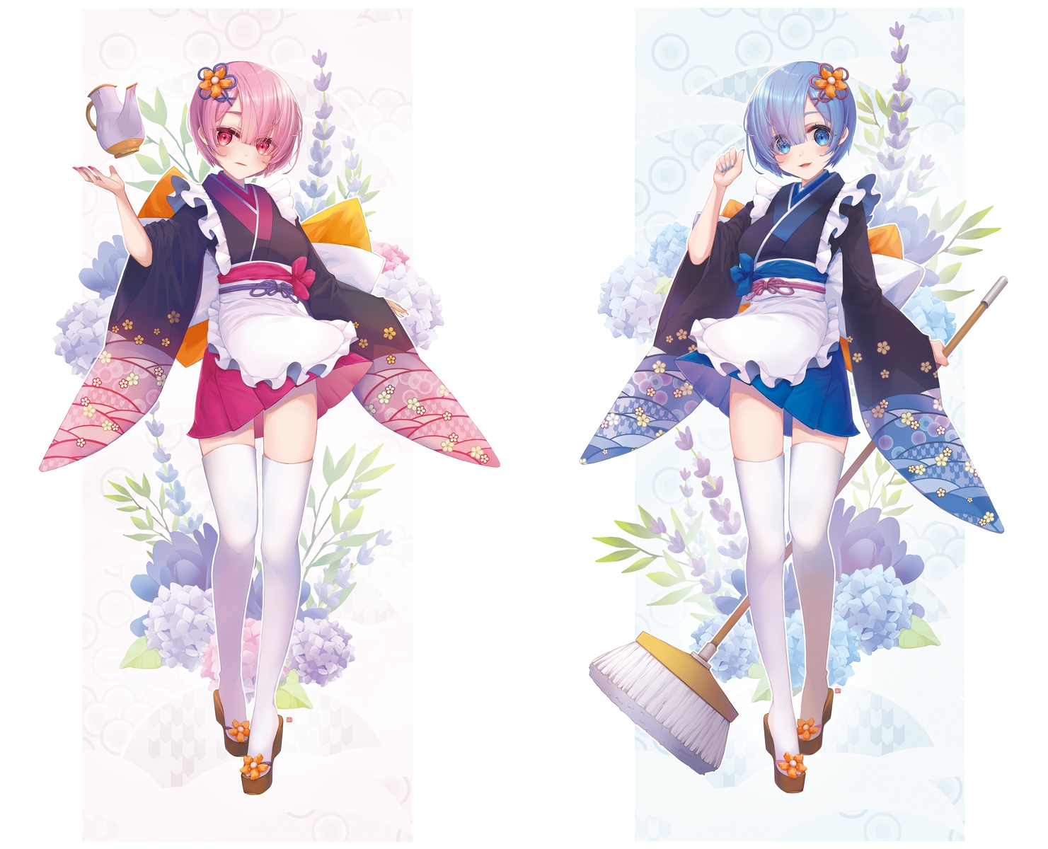 2girls, apron, blue_hair, flowers, japanese_clothes, jii_dayday, kimono, maid, pink_hair, ram_(re:zero), rem_(re:zero), re:zero_kara_hajimeru_isekai_seikatsu, short_hair, thighhighs, twins