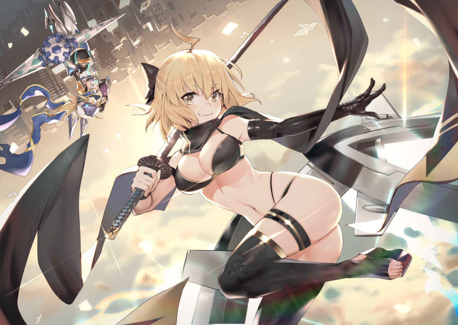 2girls, artoria_pendragon_(all), bikini, elbow_gloves, fate/grand_order, fate_(series), gloves, mysterious_heroine_xx_(foreigner)
