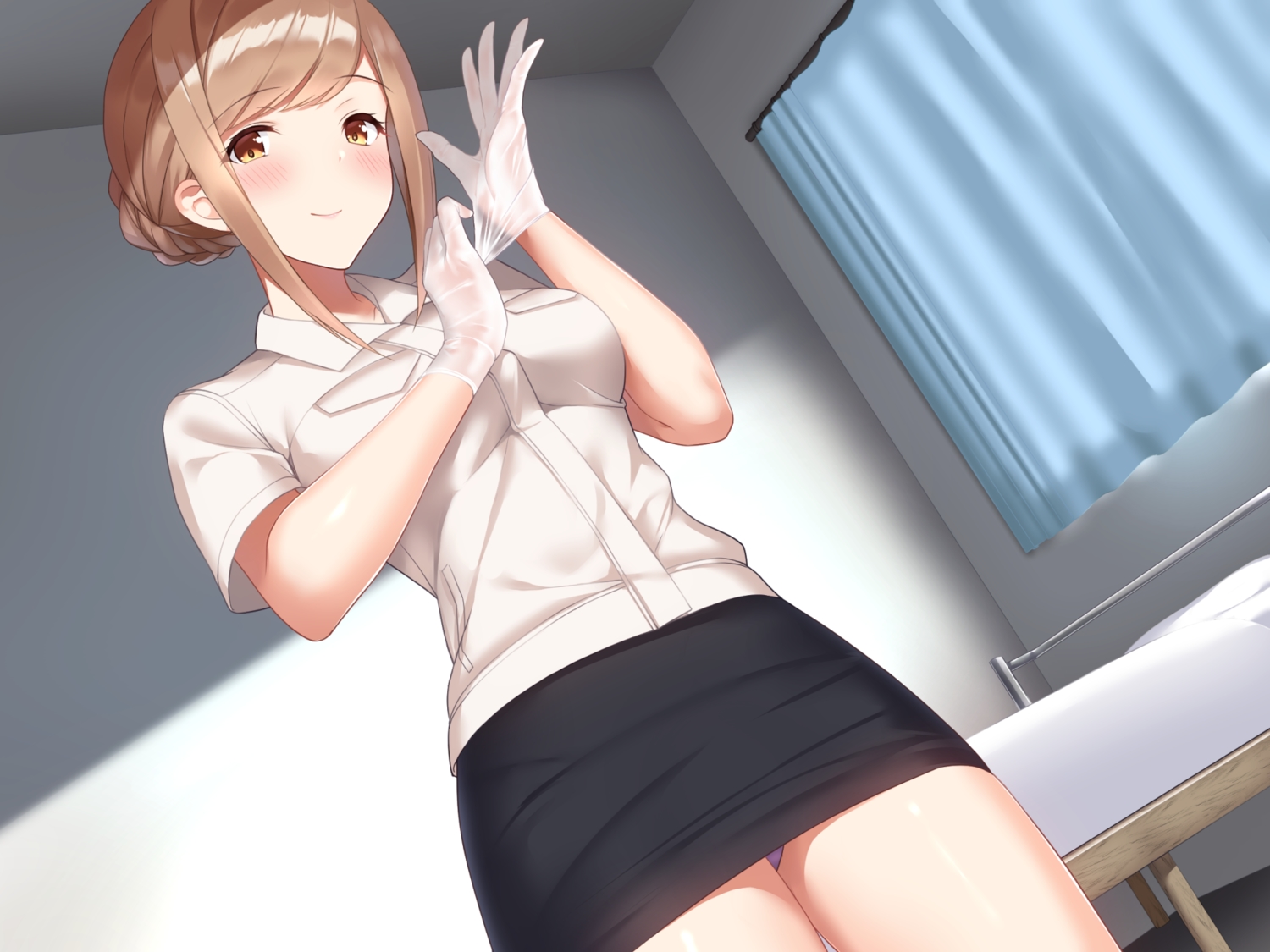 blush, braids, brown_hair, cocona_(coconacafe), gloves, orange_eyes, original, panties