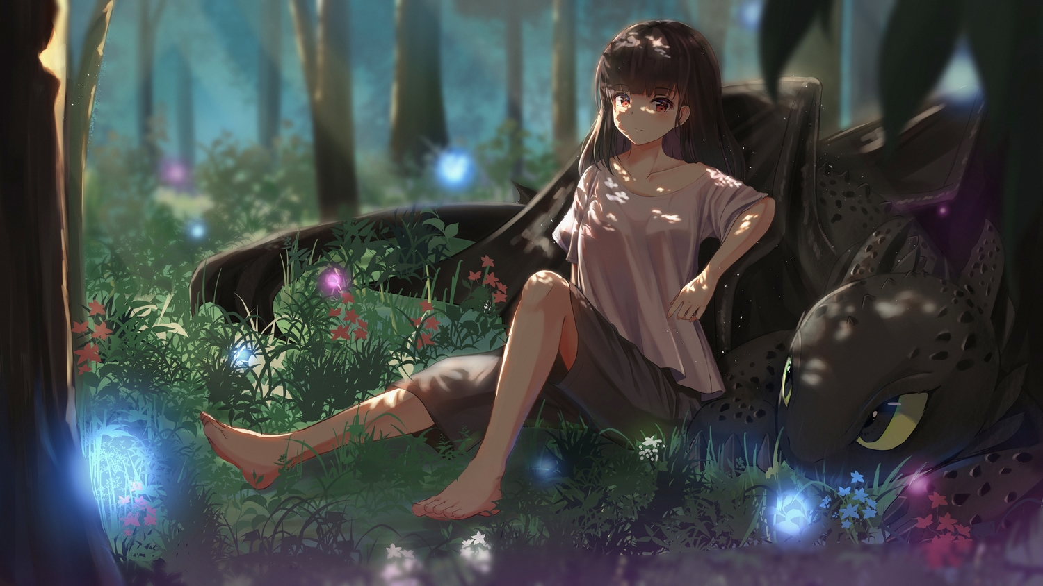 barefoot, brown_hair, dragon, flowers, forest, grass, how_to_train_your_dragon, original, red_eyes, septet_(zrca_janne), shade, shorts, toothless, tree