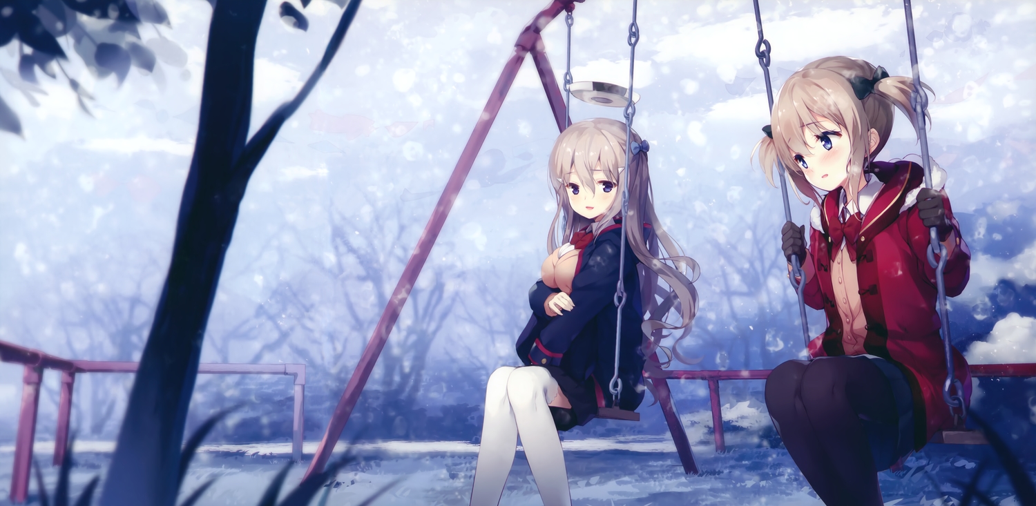 anthropomorphism, azur_lane, blonde_hair, blue_eyes, breast_hold, breasts, cropped, fortune_(azur_lane), halo, long_hair, norfolk_(azur_lane), pantyhose, scan, school_uniform, senji_(tegone_spike), short_hair, snow, thighhighs, tree, twintails