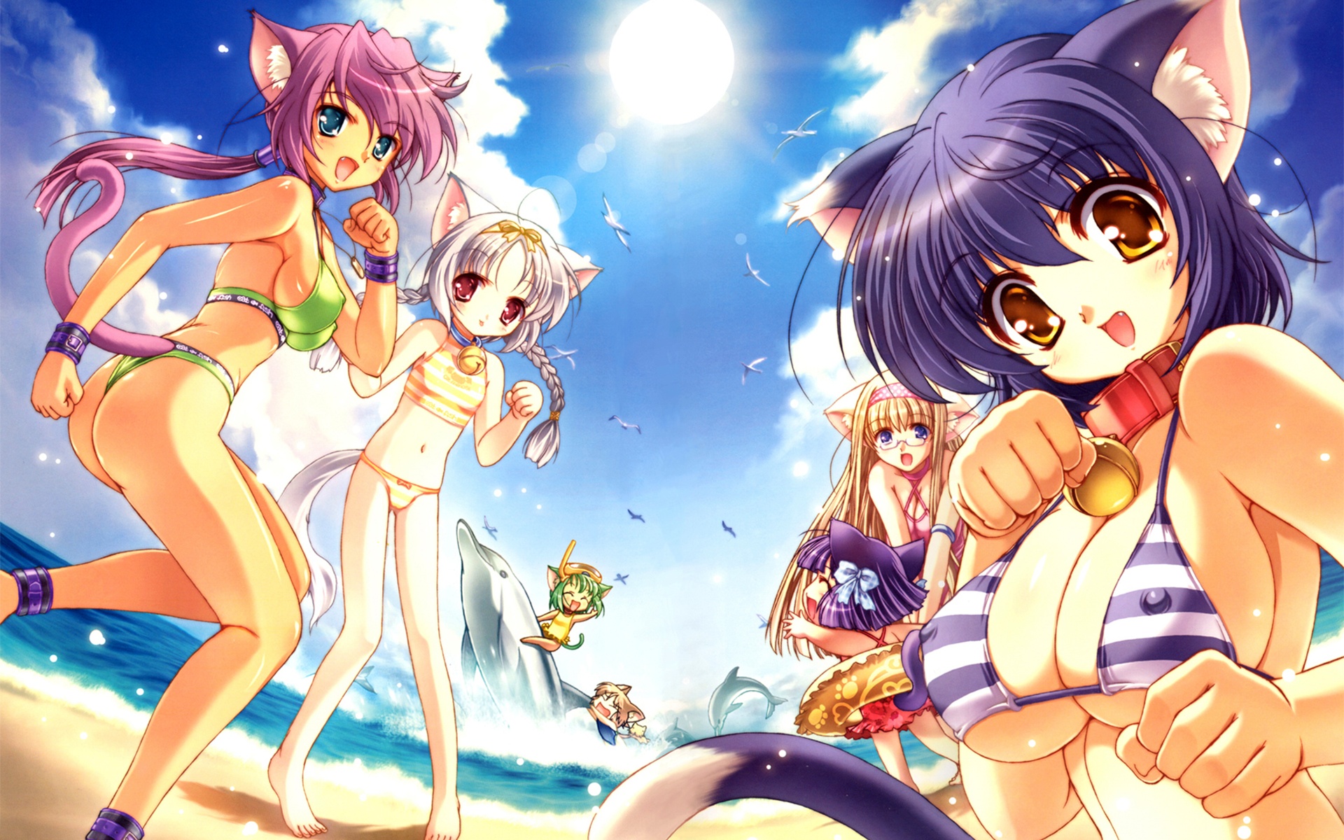 animal, animal_ears, ass, barefoot, beach, bell, bird, blonde_hair, blue_eyes, bow, braids, breasts, brown_hair, catgirl, chibi, cleavage, clouds, collar, dolphin, erect_nipples, fang, flat_chest, glasses, goggles, gray_hair, green_hair, headband, ishida_hiroyuki, loli, long_hair, navel, ponytail, purple_hair, red_eyes, ribbons, scan, short_hair, sideboob, skintight, sky, swim_ring, swimsuit, tail, underboob, water, wristwear, yellow_eyes