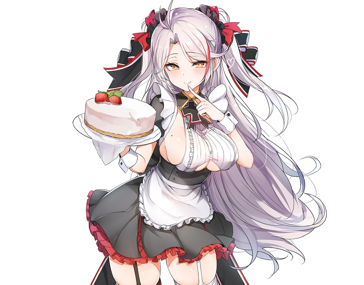 anthropomorphism, apron, azur_lane, blush, breasts, cake, cropped, food