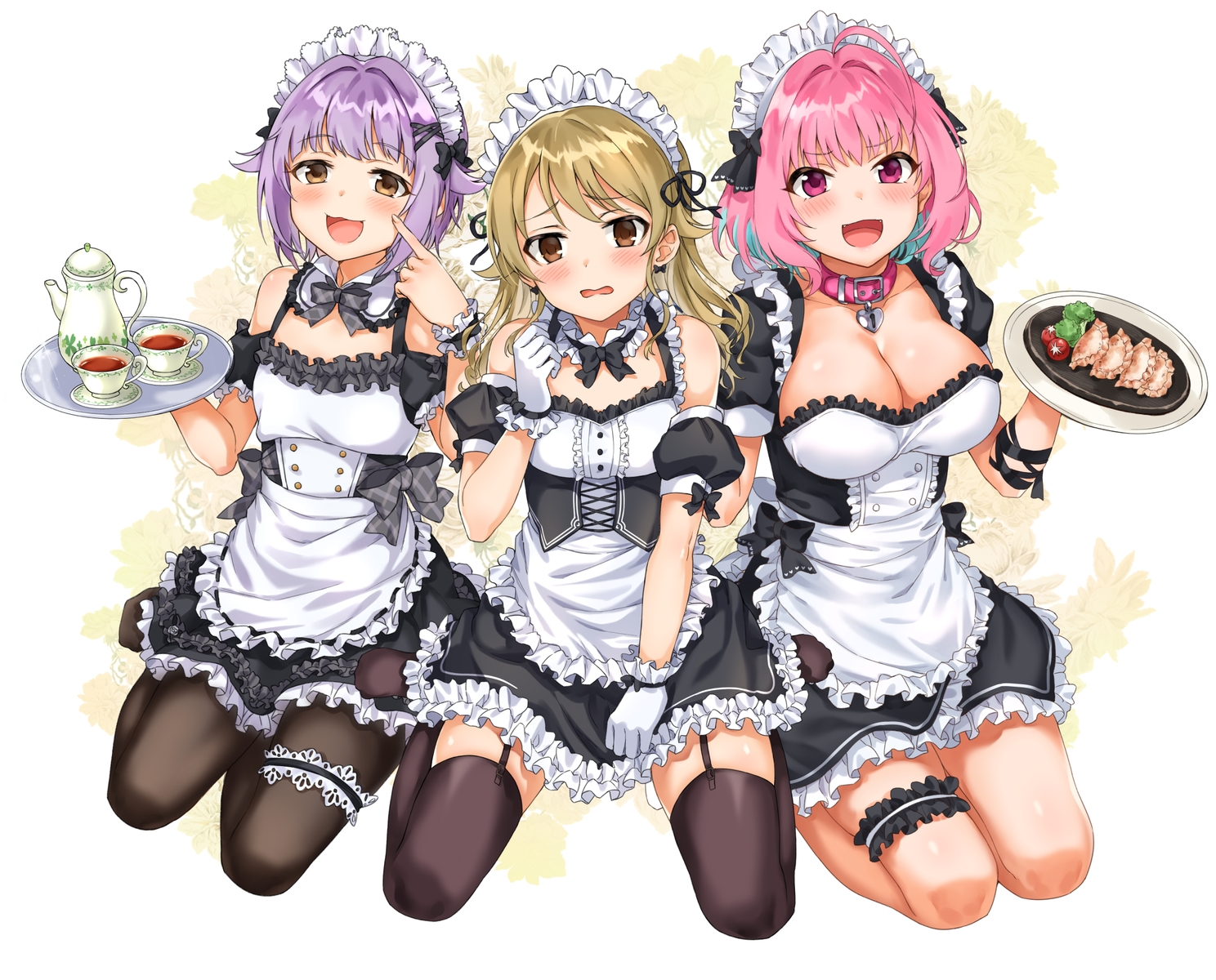 apron, breasts, brown_eyes, brown_hair, cat_smile, cleavage, collar, drink, fang, flat_chest, food, garter, garter_belt, gloves, idolmaster, idolmaster_cinderella_girls, koshimizu_sachiko, long_hair, maid, morikubo_nono, pantyhose, pink_eyes, pink_hair, purple_hair, short_hair, sirurabbit, stockings, yumemi_riamu