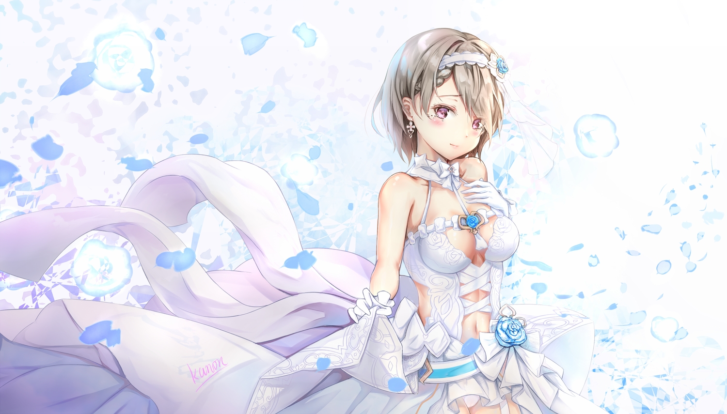 blush, braids, brown_hair, dress, gloves, headdress, honkai_impact, honkai_(series), kanon_12361024, navel, petals, purple_eyes, rita_rossweisse, short_hair, signed