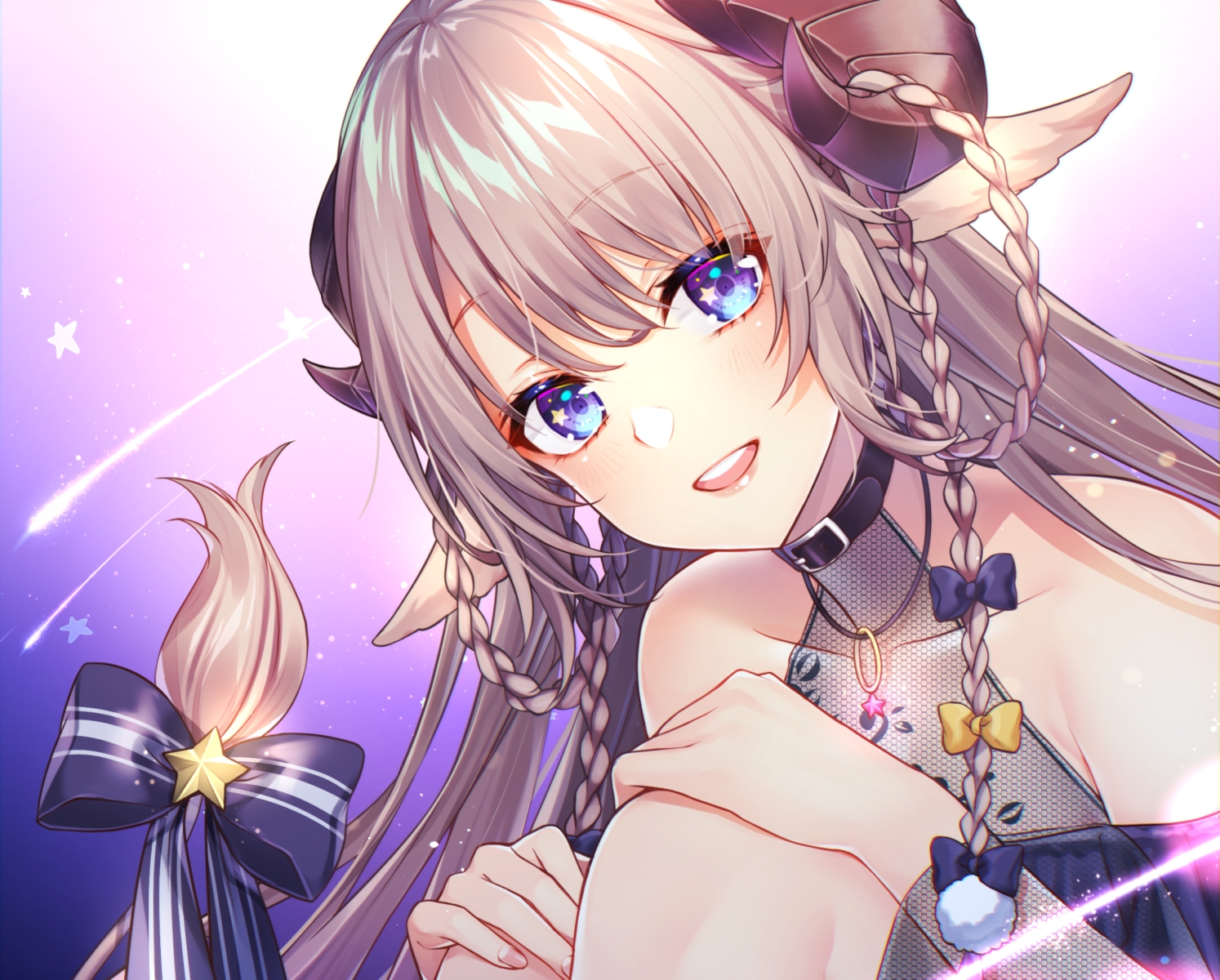 animal_ears, aqua_eyes, bow, braids, brown_hair, close, cropped, gradient
