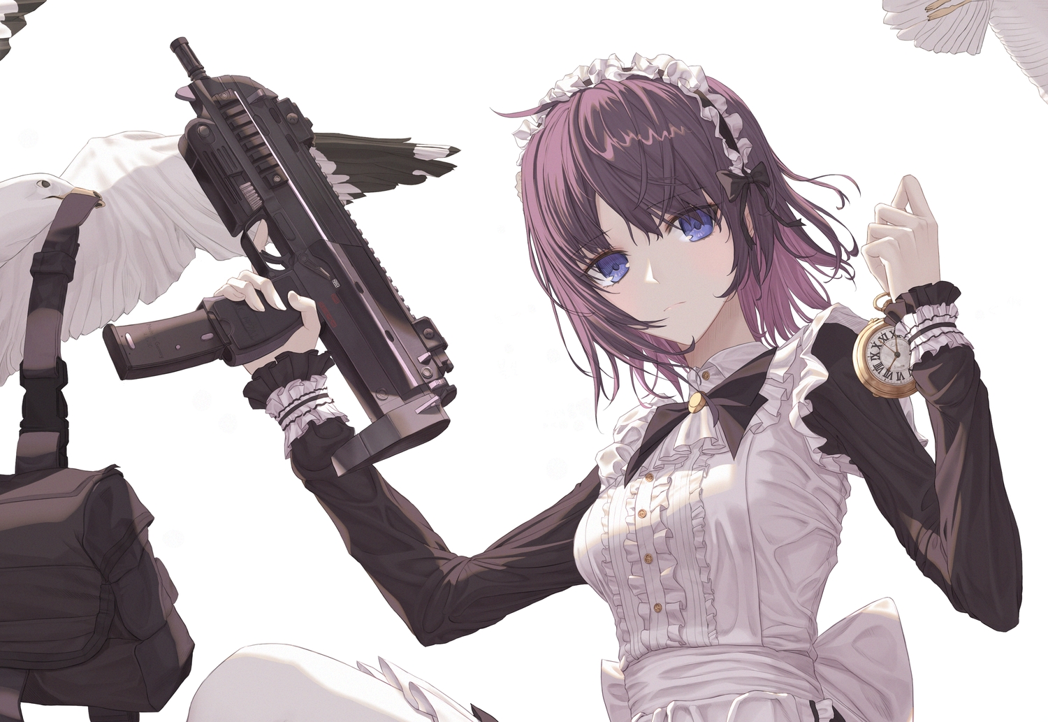 animal, bird, eichi_(skskdi12z), gun, headdress, maid, original, short_hair, weapon