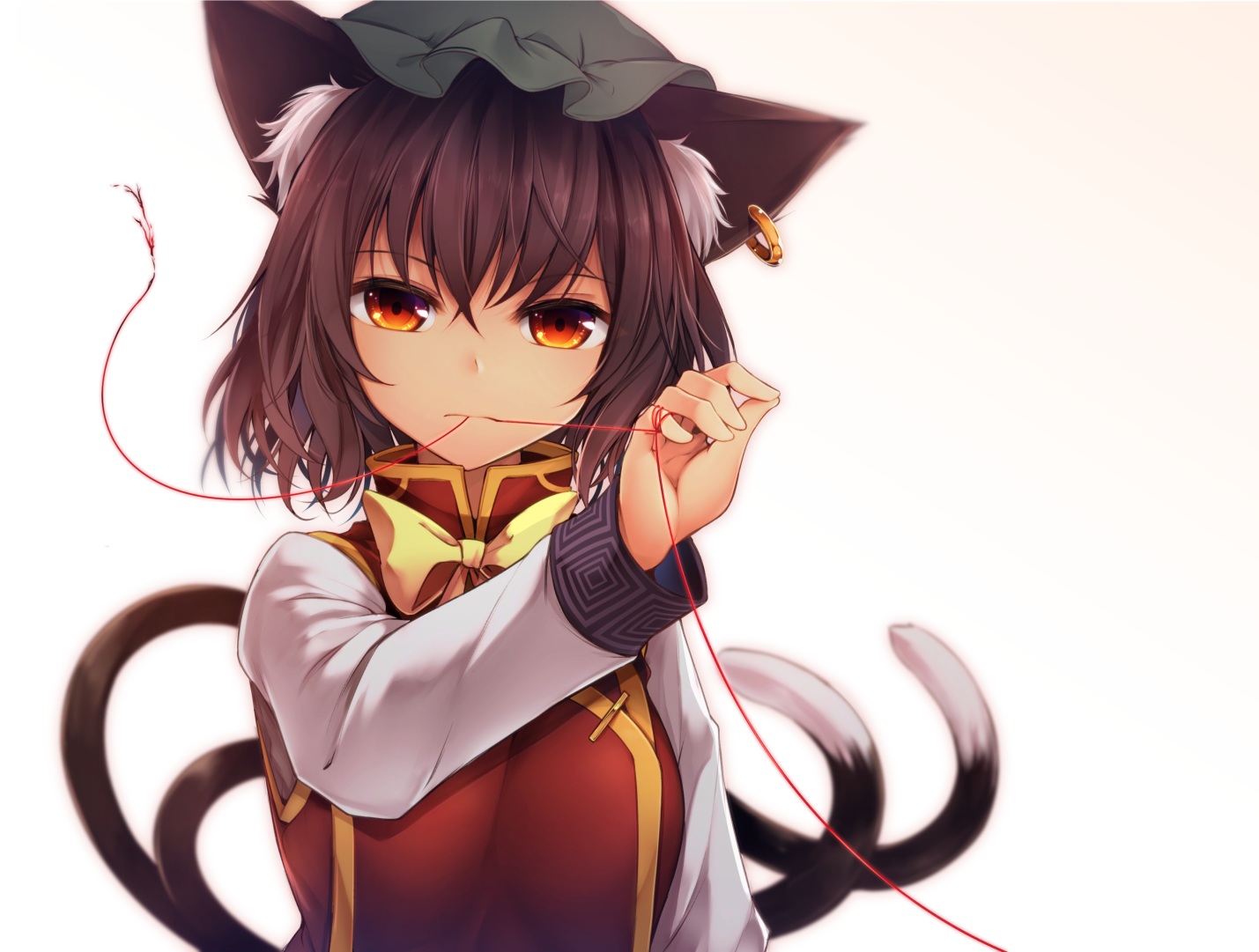 animal_ears, brown_hair, catgirl, chen, chinese_clothes, chinese_dress, dress, hat