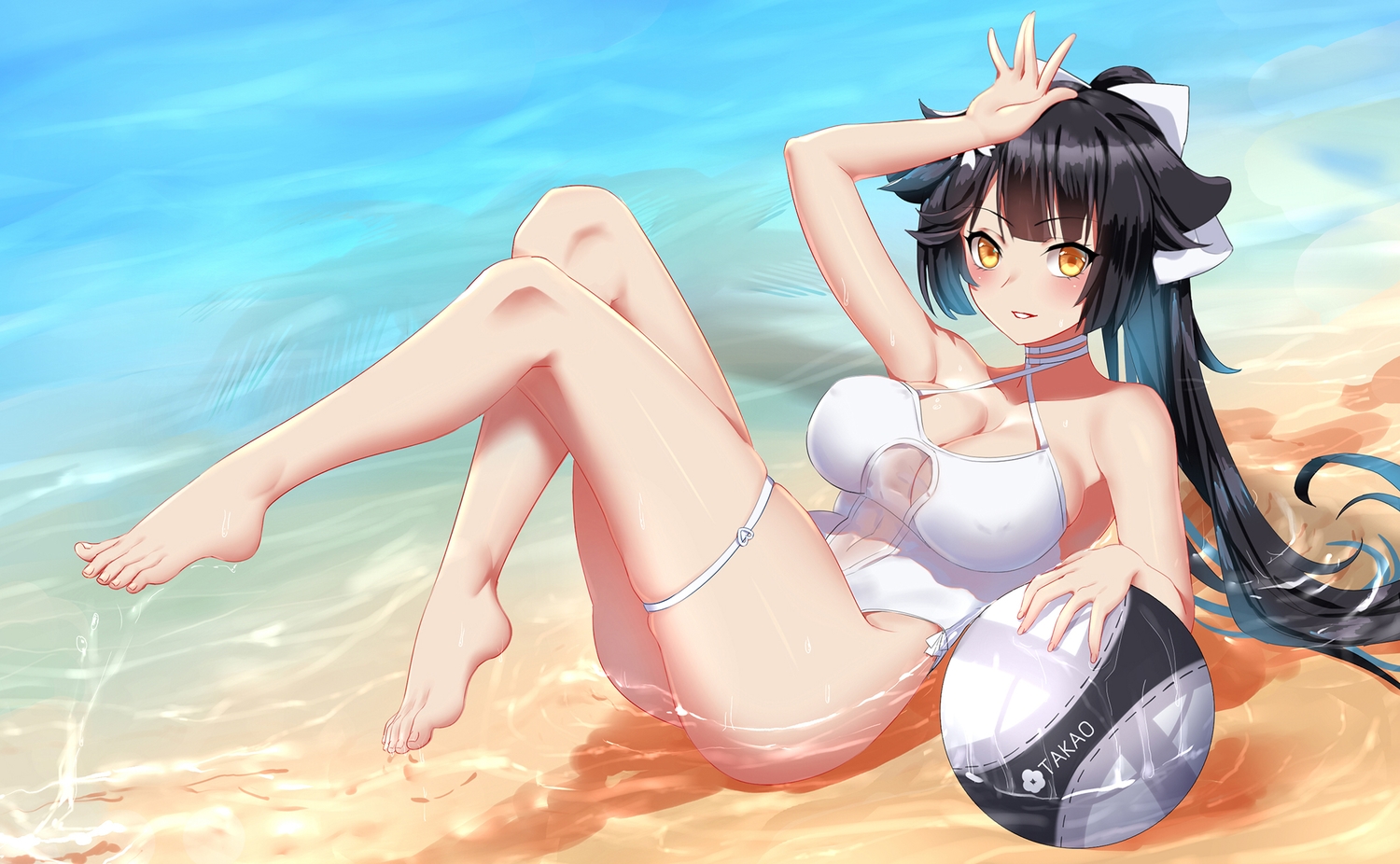 anthropomorphism, azur_lane, ball, barefoot, beach, black_hair, breasts, cang_se_ye_hua, long_hair, orange_eyes, ponytail, swimsuit, takao_(azur_lane), water