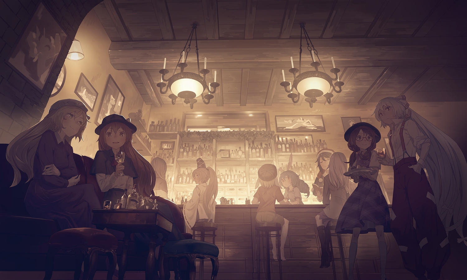 animal_ears, barefoot, blonde_hair, blue_hair, book, bow, brown_eyes, brown_hair, bunny_ears, bunnygirl, doremy_sweet, dress, drink, fujiwara_no_mokou, glasses, gray_hair, group, hat, kishin_sagume, kneehighs, long_hair, maribel_han, mononobe_no_futo, ponytail, red_eyes, ringo_(touhou), seiran, skirt, touhou, usami_renko, usami_sumireko, white_hair, yamamomo