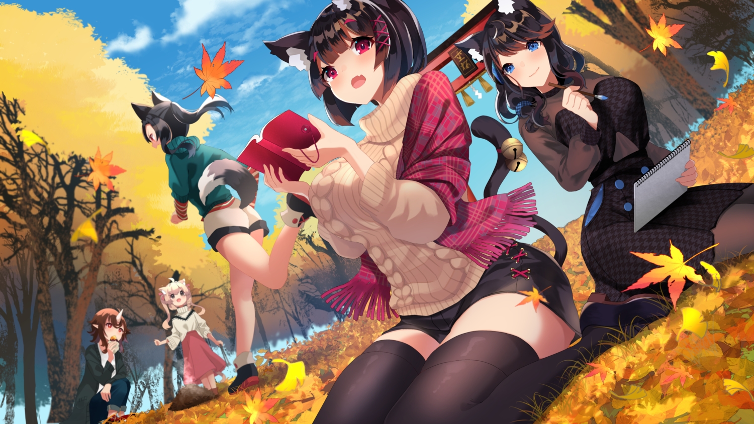 animal_ears, anthropomorphism, autumn, azur_lane, bell, black_hair, blonde_hair, blue_eyes