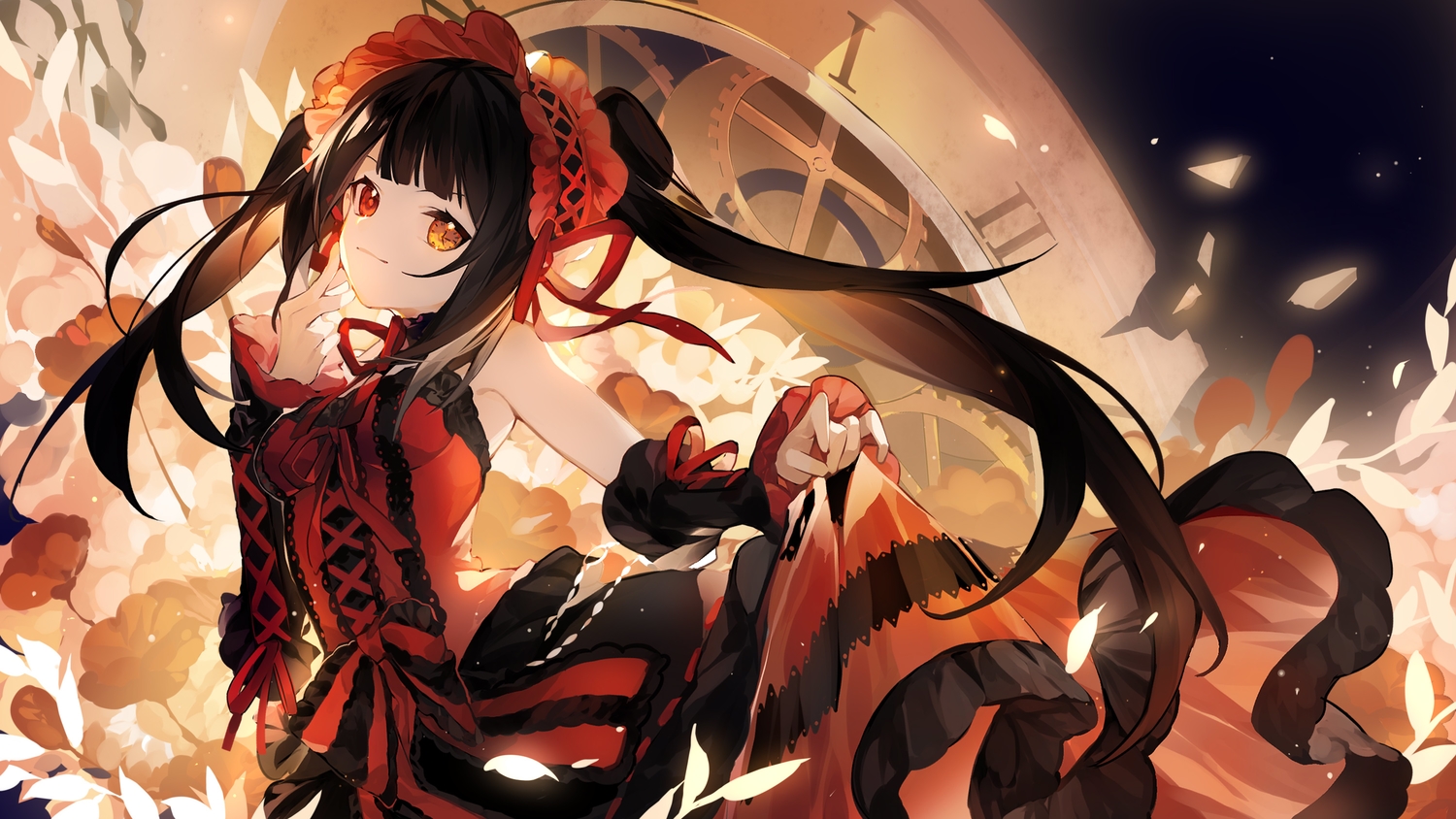 bicolored_eyes, date_a_live, dress, godlailer, headdress, jpeg_artifacts, lolita_fashion, skirt_lift, tokisaki_kurumi, twintails
