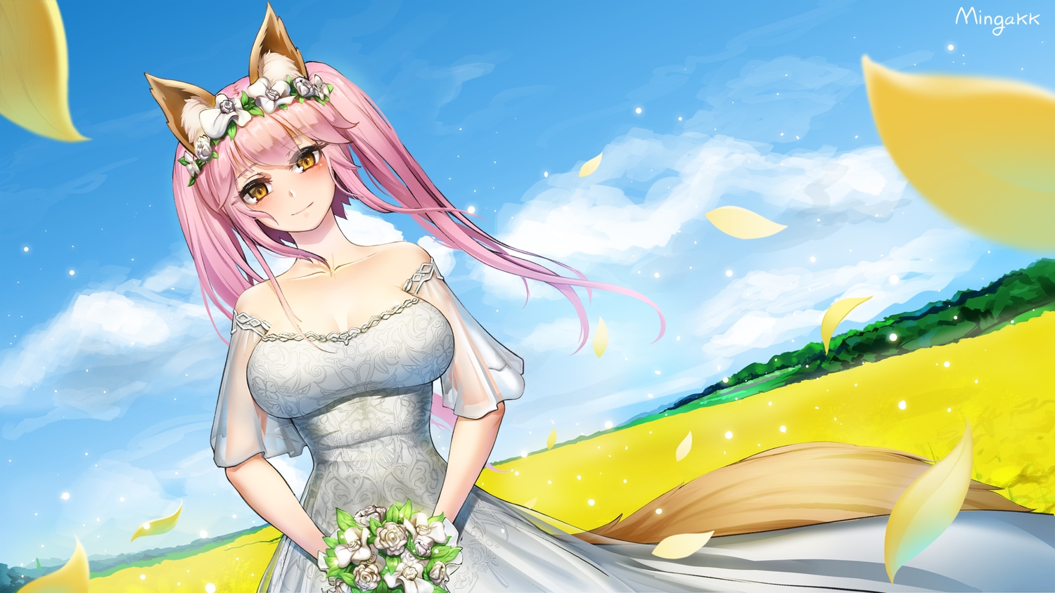 animal_ears, fate/grand_order, fate_(series), foxgirl, mingakk, pink_hair, signed, tail, tamamo_no_mae_(fate), wedding_attire, yellow_eyes