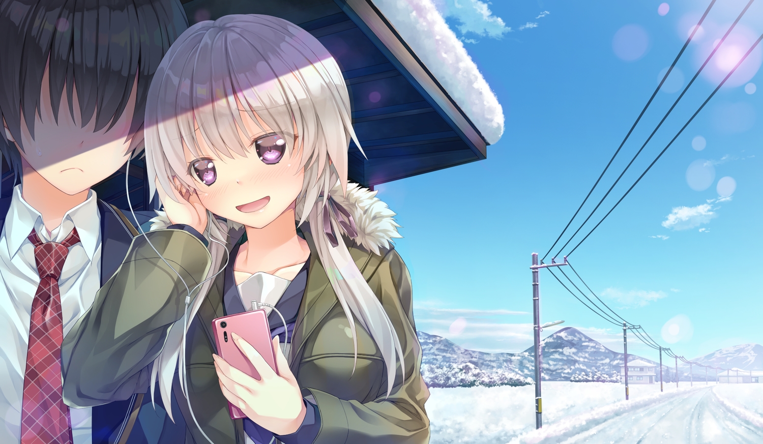 black_hair, blush, clouds, game_cg, gray_hair, kakegawa_hazuki, kiba_satoshi, long_hair