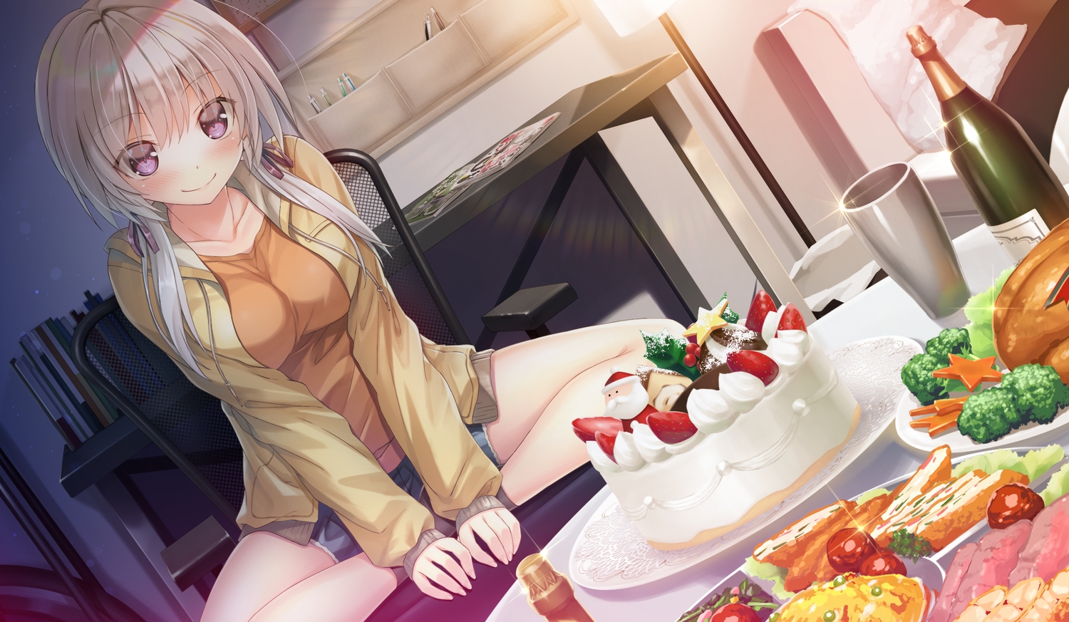 blush, cake, drink, food, fruit, game_cg, gray_hair, kakegawa_hazuki