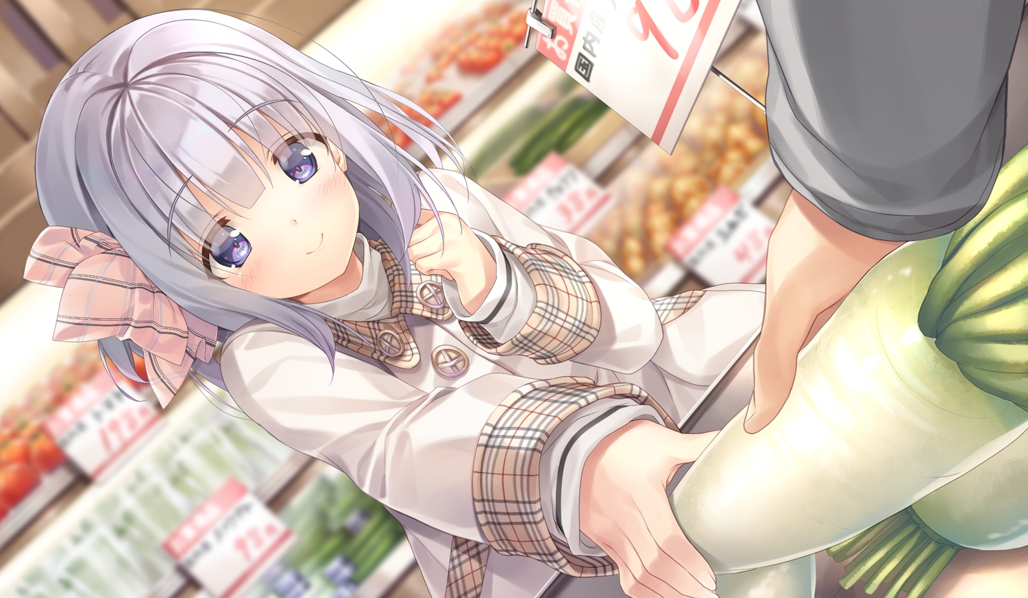 bike_shorts, blush, bow, game_cg, gray_hair, kiba_satoshi, maisaka_mai, marmalade
