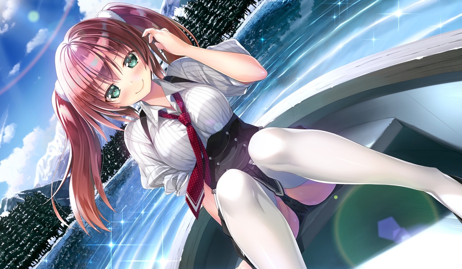 blush, boat, brown_hair, cameltoe, clouds, game_cg, green_eyes, kiba_satoshi
