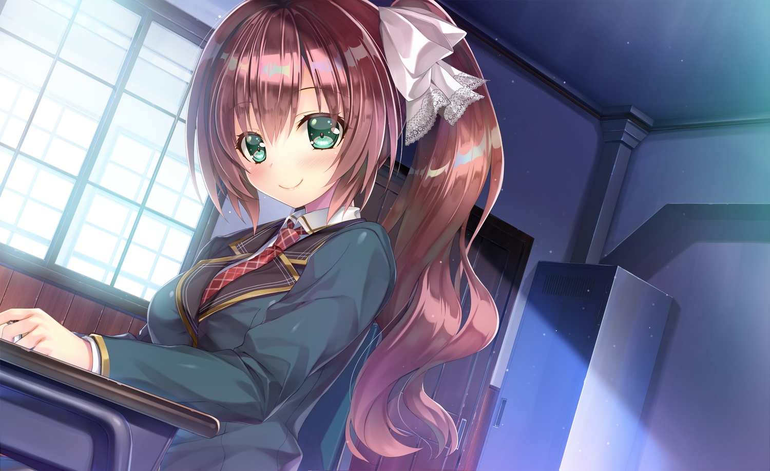 blush, brown_hair, game_cg, green_eyes, kiba_satoshi, kinomiya_nanoka, long_hair, marmalade