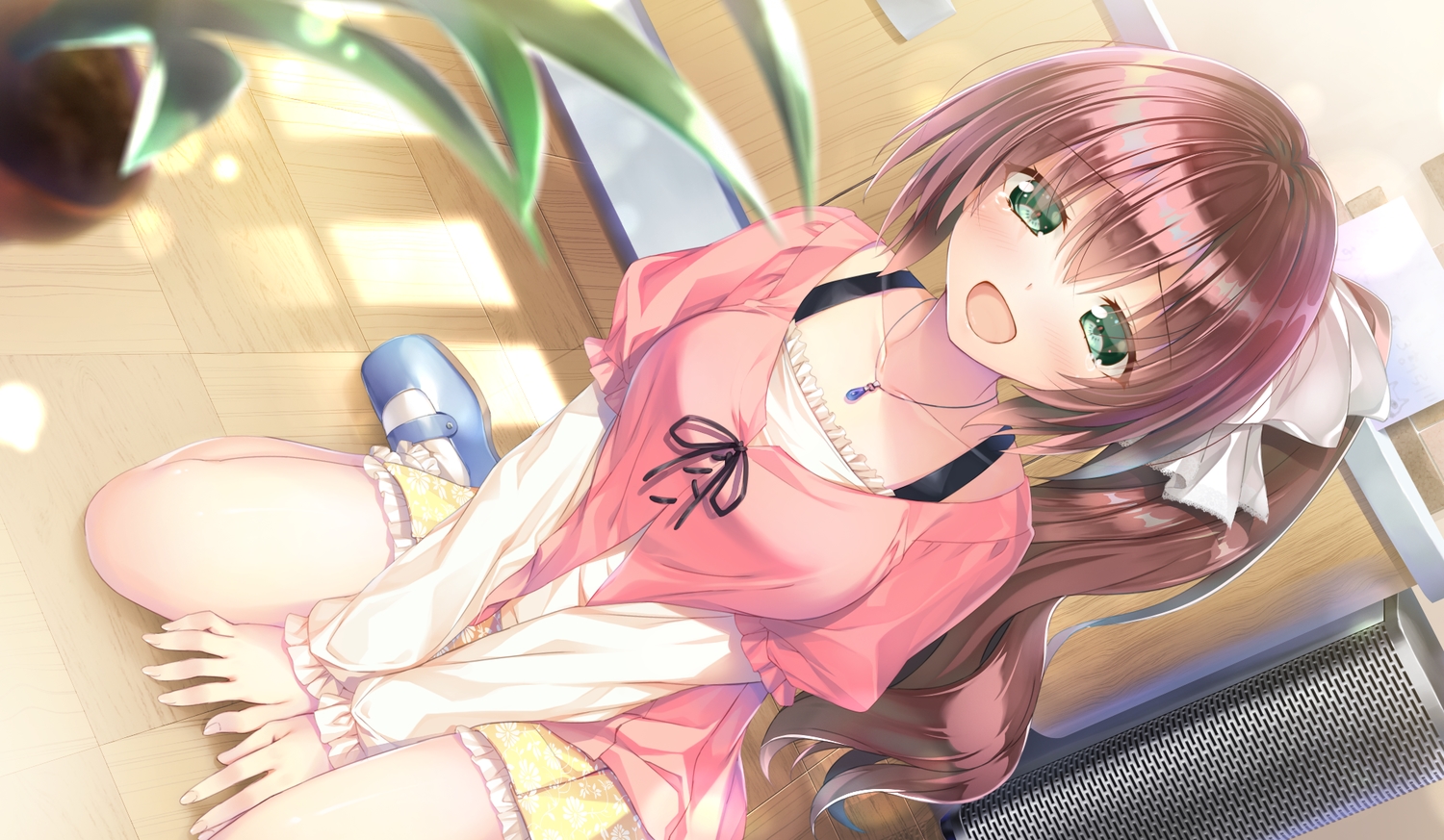 blush, brown_hair, game_cg, green_eyes, kiba_satoshi, kinomiya_nanoka, long_hair, marmalade