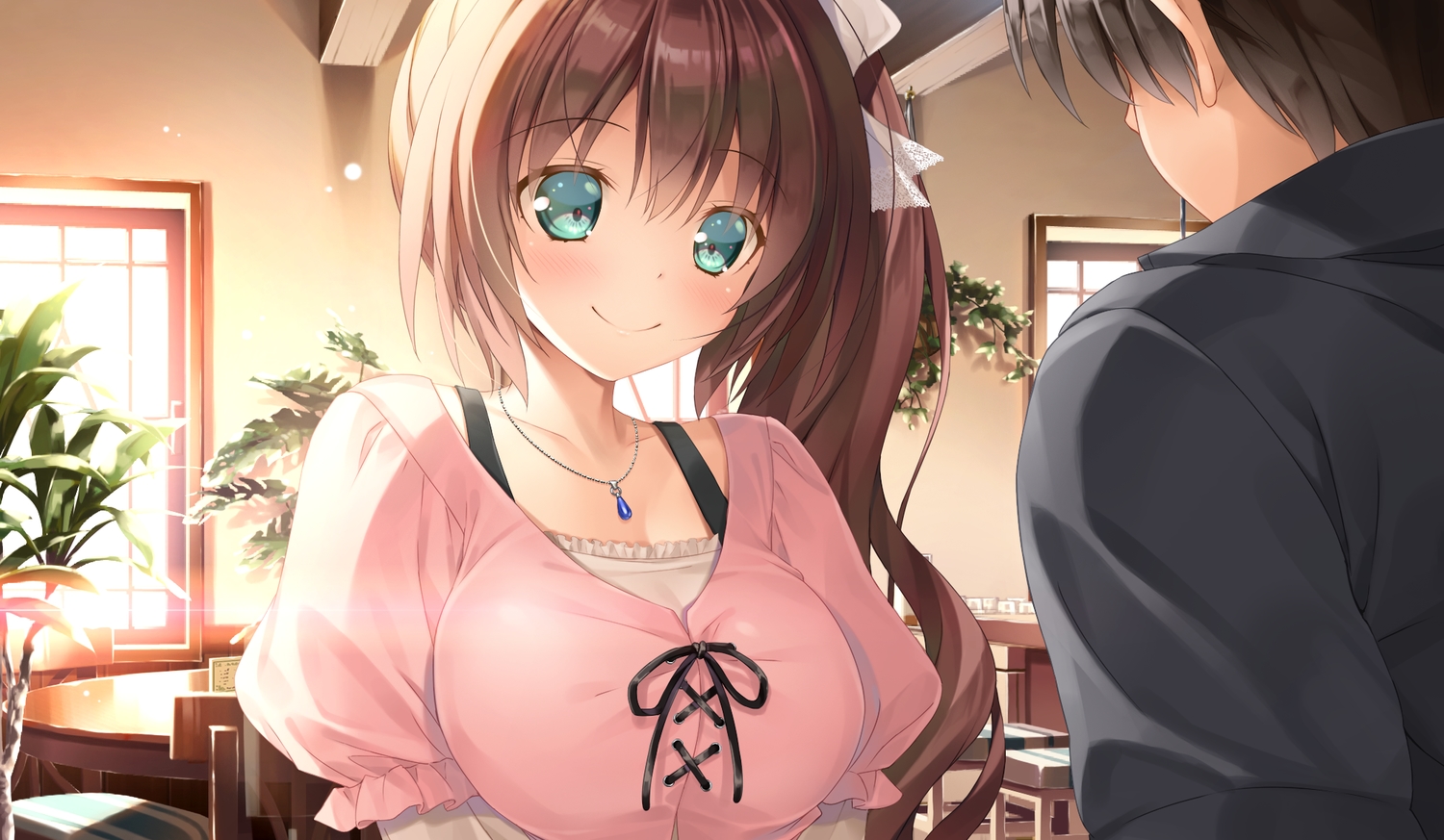 black_hair, blush, brown_hair, game_cg, green_eyes, kiba_satoshi, kinomiya_nanoka, long_hair