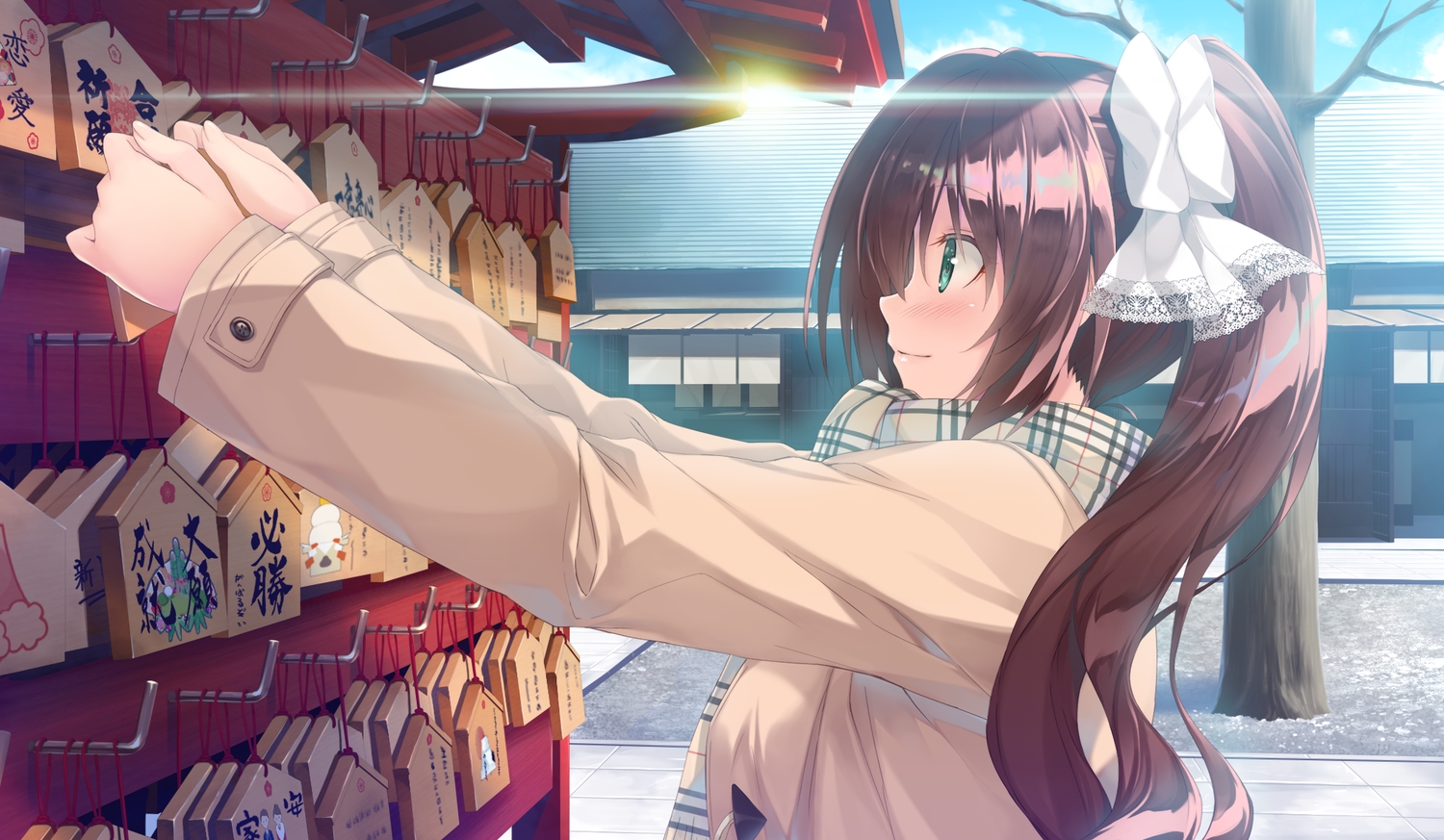 blush, bow, brown_hair, game_cg, green_eyes, kiba_satoshi, kinomiya_nanoka, long_hair
