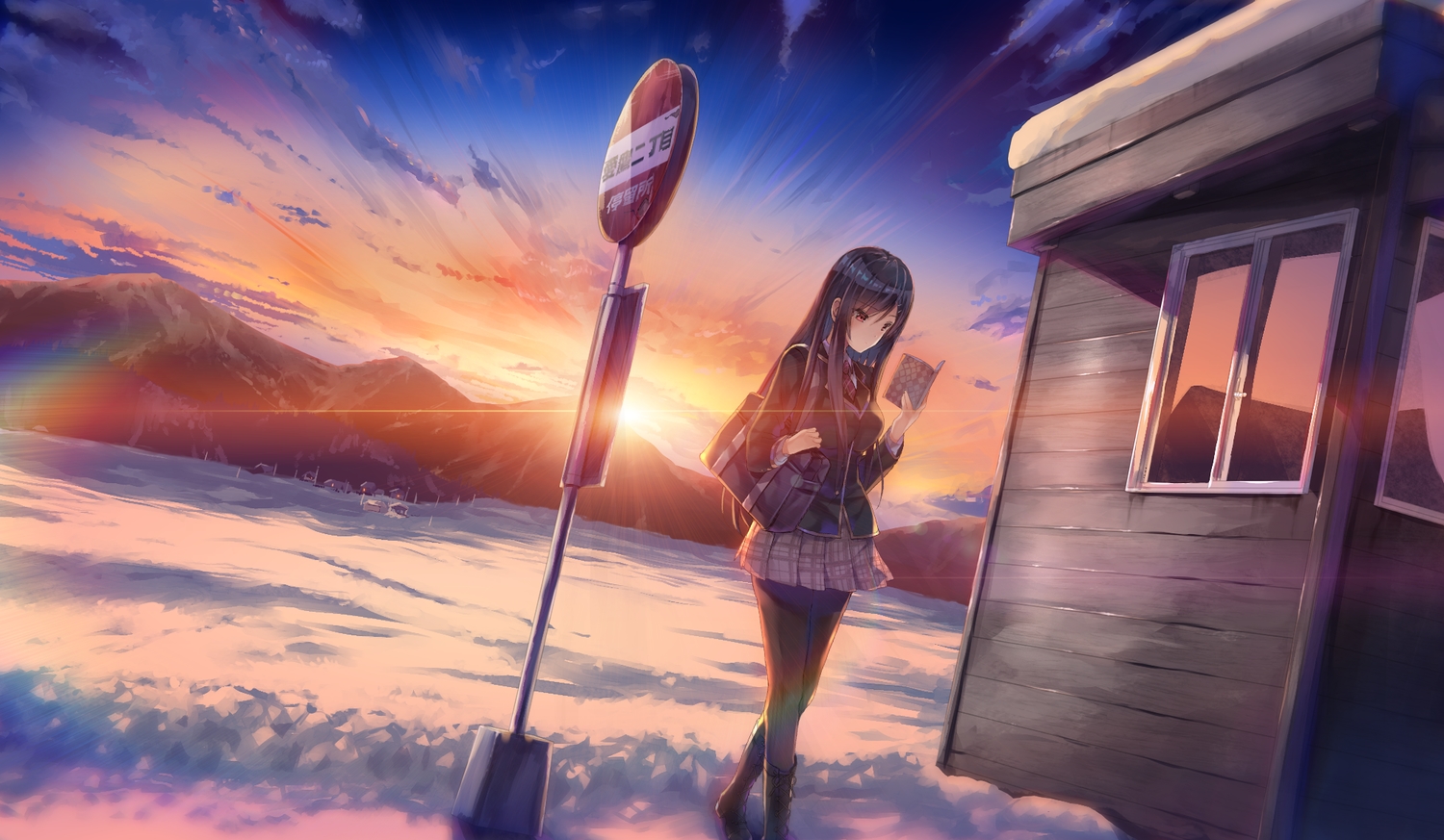 black_hair, book, boots, clouds, emily, game_cg, long_hair, marmalade