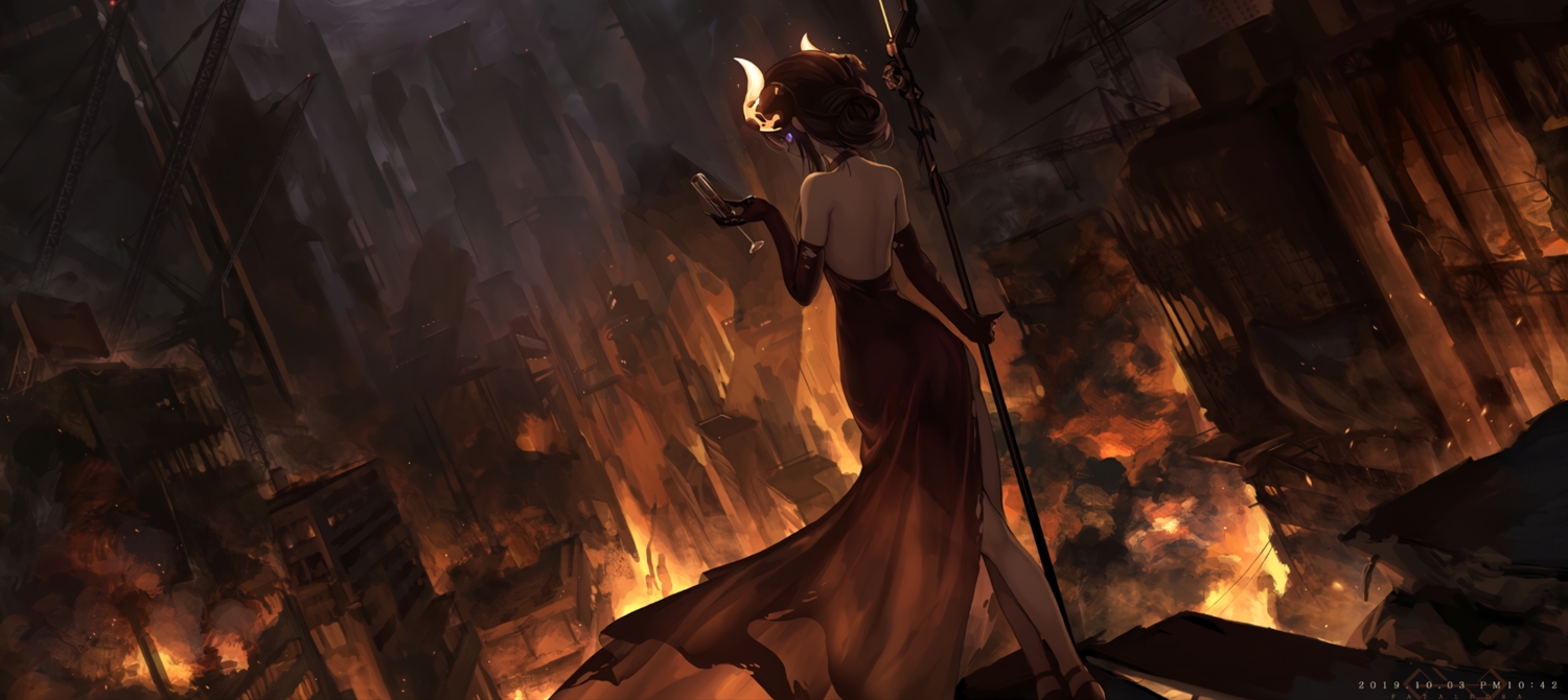 brown_hair, building, city, cropped, dark, dress, drink, elbow_gloves