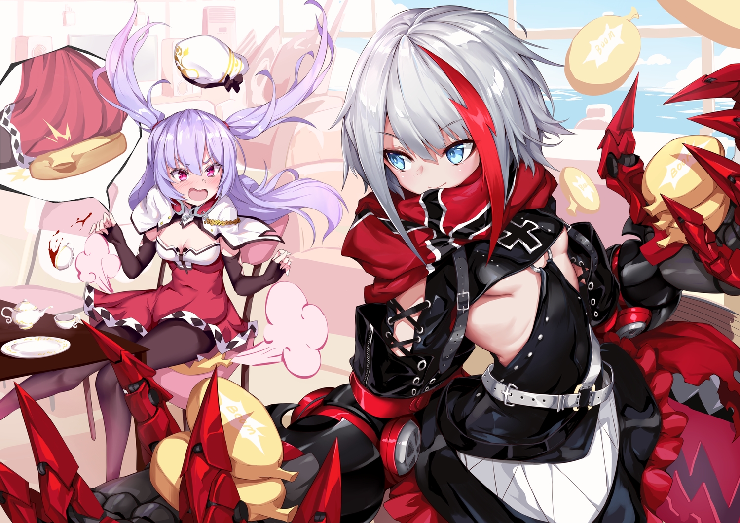 2girls, admiral_graf_spee_(azur_lane), ajax_(azur_lane), anthropomorphism, azur_lane, blue_eyes, breasts, cleavage
